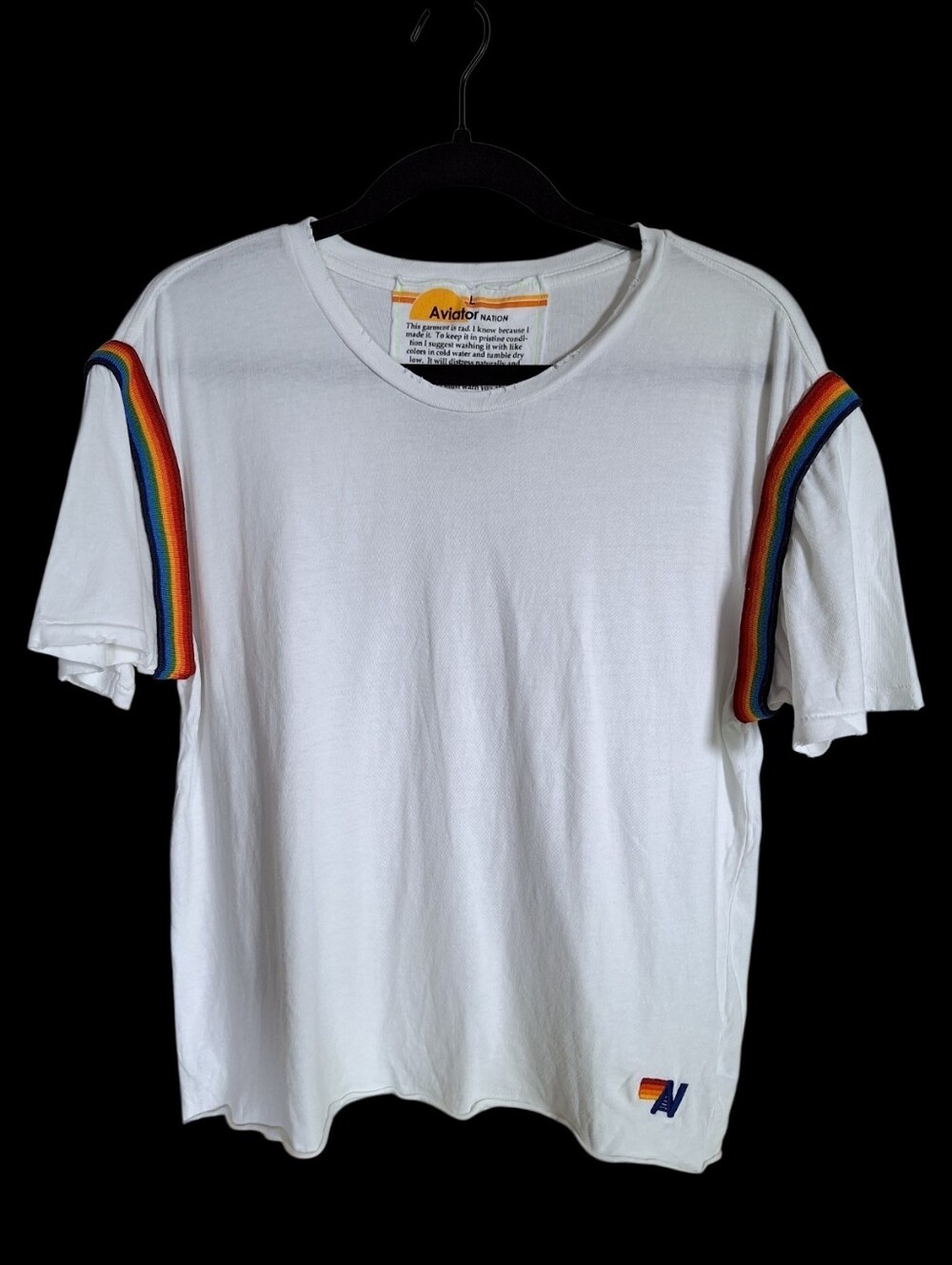 Aviator Nation Womens Large Distressed Rainbow Stripe Cropped Boyfriend T Shirt